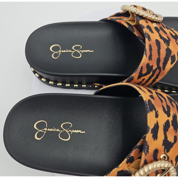 Jessica Simpson CYMMERI Slide Thong‎ Sandal Brown Cheetah Print Gold Buckle EUC - Picture 6 of 13